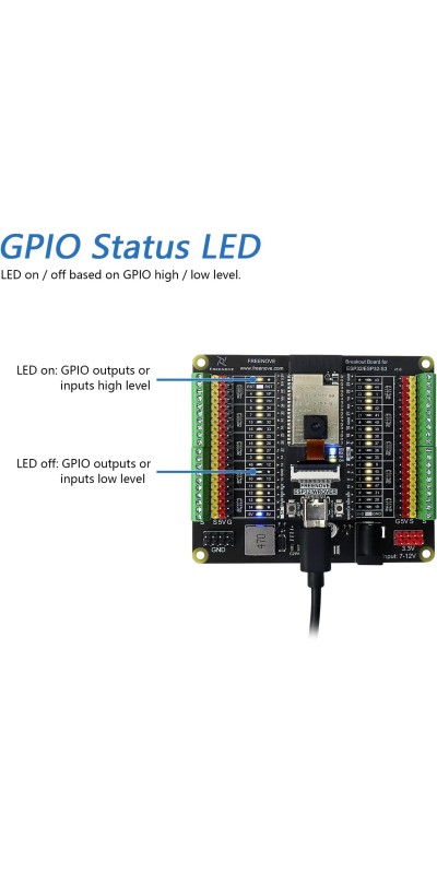 Breakout Board for ESP32 / ESP32-S3 WROVER WROOM, Terminal Block Shield HAT with Pin Header, 5V 3.3V Power Outputs, GPIO Status LED