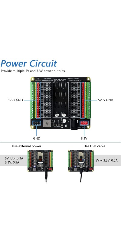 Breakout Board for ESP32 / ESP32-S3 WROVER WROOM, Terminal Block Shield HAT with Pin Header, 5V 3.3V Power Outputs, GPIO Status LED