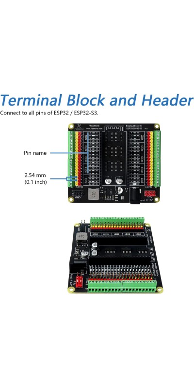 Breakout Board for ESP32 / ESP32-S3 WROVER WROOM, Terminal Block Shield HAT with Pin Header, 5V 3.3V Power Outputs, GPIO Status LED