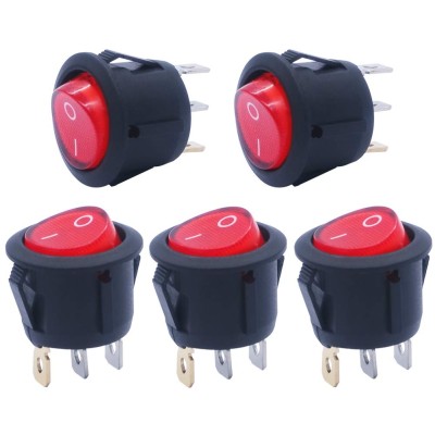 5pcs Snap-in AC110/120V Lighted Round Rocker Switch Illuminated Boat Toggle Power Switch Red Light SPST ON-Off 3 Pin AC 250V 6A 125V 10A, Use for Household Appliances MXU1-5-101NR
