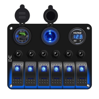 Waterproof Marine Boat Blue Rocker Switch Panel 6 Gang with USB & Type-C Charger Slot Socket + Cigarette Lighter +LED Voltmeter with Overload Protection Circuit Breaker for Car Rv Vehicles Truck