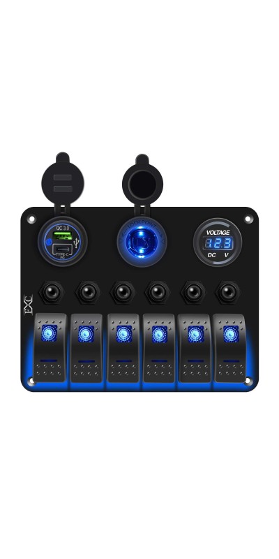 Waterproof Marine Boat Blue Rocker Switch Panel 6 Gang with USB & Type-C Charger Slot Socket + Cigarette Lighter +LED Voltmeter with Overload Protection Circuit Breaker for Car Rv Vehicles Truck