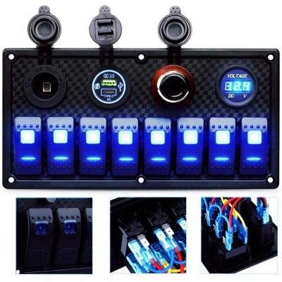 Marine Switch Panel - 8 Gang Waterproof Rocker Panel With Circuit Breaker, USB & Type-C Charger, Digital Voltmeter, Cigarette Socket, 12V Blue LED