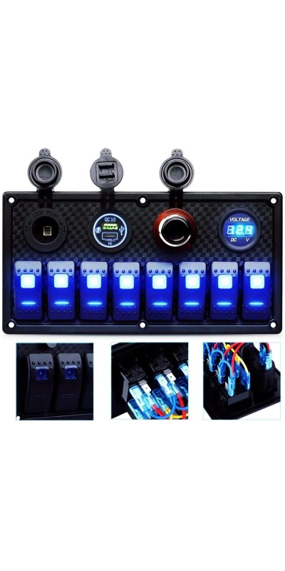 Marine Switch Panel - 8 Gang Waterproof Rocker Panel With Circuit Breaker, USB & Type-C Charger, Digital Voltmeter, Cigarette Socket, 12V Blue LED