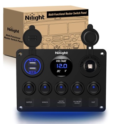 90101E 5Gang Multi-Function 5 Gang Rocker Dual USB Charger + Digital Volmeter +12V Outlet Pre-Wired Switch Panel with Circuit Breakers for RV Car Boat Truck Trailer,2 Years Warranty,Blue