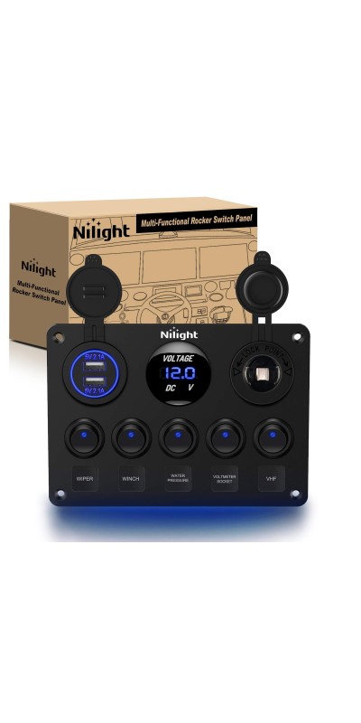 90101E 5Gang Multi-Function 5 Gang Rocker Dual USB Charger + Digital Volmeter +12V Outlet Pre-Wired Switch Panel with Circuit Breakers for RV Car Boat Truck Trailer,2 Years Warranty,Blue