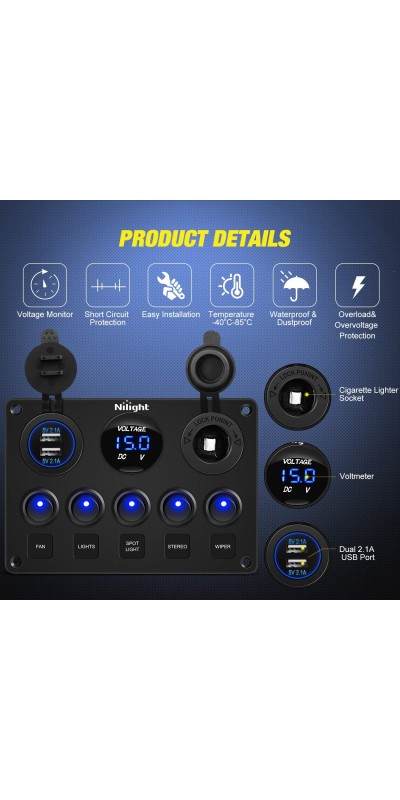 90101E 5Gang Multi-Function 5 Gang Rocker Dual USB Charger + Digital Volmeter +12V Outlet Pre-Wired Switch Panel with Circuit Breakers for RV Car Boat Truck Trailer,2 Years Warranty,Blue