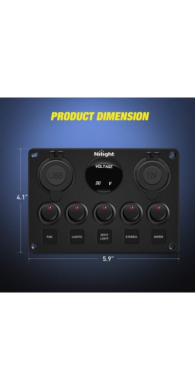 90101E 5Gang Multi-Function 5 Gang Rocker Dual USB Charger + Digital Volmeter +12V Outlet Pre-Wired Switch Panel with Circuit Breakers for RV Car Boat Truck Trailer,2 Years Warranty,Blue