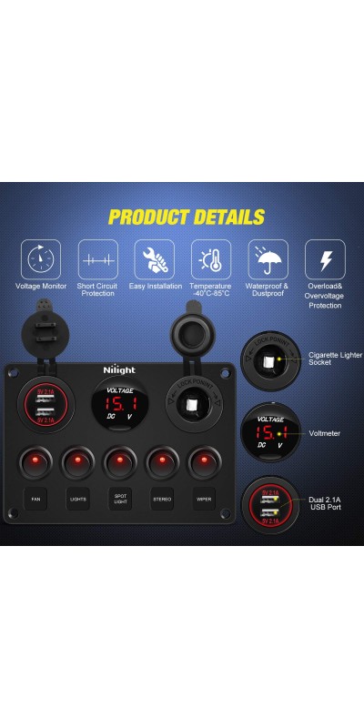 90101E 5Gang Multi-Function 5 Gang Rocker Dual USB Charger + Digital Volmeter +12V Outlet Pre-Wired Switch Panel with Circuit Breakers for RV Car Boat Truck Trailer,2 Years Warranty,Blue