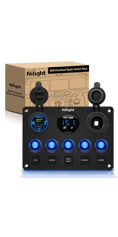 90101E 5Gang Multi-Function 5 Gang Rocker Dual USB Charger + Digital Volmeter +12V Outlet Pre-Wired Switch Panel with Circuit Breakers for RV Car Boat Truck Trailer,2 Years Warranty,Blue