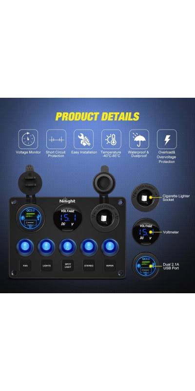 90101E 5Gang Multi-Function 5 Gang Rocker Dual USB Charger + Digital Volmeter +12V Outlet Pre-Wired Switch Panel with Circuit Breakers for RV Car Boat Truck Trailer,2 Years Warranty,Blue