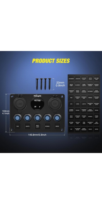90101E 5Gang Multi-Function 5 Gang Rocker Dual USB Charger + Digital Volmeter +12V Outlet Pre-Wired Switch Panel with Circuit Breakers for RV Car Boat Truck Trailer,2 Years Warranty,Blue