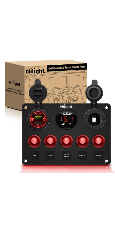 90101E 5Gang Multi-Function 5 Gang Rocker Dual USB Charger + Digital Volmeter +12V Outlet Pre-Wired Switch Panel with Circuit Breakers for RV Car Boat Truck Trailer,2 Years Warranty,Blue