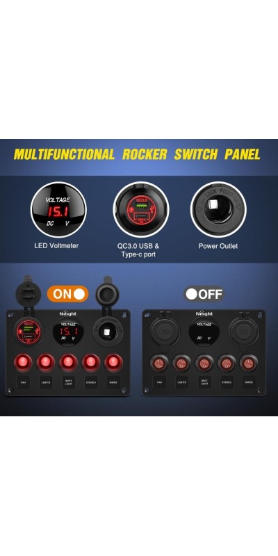 90101E 5Gang Multi-Function 5 Gang Rocker Dual USB Charger + Digital Volmeter +12V Outlet Pre-Wired Switch Panel with Circuit Breakers for RV Car Boat Truck Trailer,2 Years Warranty,Blue