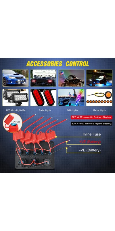 90101E 5Gang Multi-Function 5 Gang Rocker Dual USB Charger + Digital Volmeter +12V Outlet Pre-Wired Switch Panel with Circuit Breakers for RV Car Boat Truck Trailer,2 Years Warranty,Blue