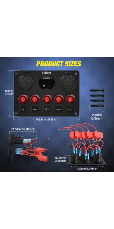 90101E 5Gang Multi-Function 5 Gang Rocker Dual USB Charger + Digital Volmeter +12V Outlet Pre-Wired Switch Panel with Circuit Breakers for RV Car Boat Truck Trailer,2 Years Warranty,Blue