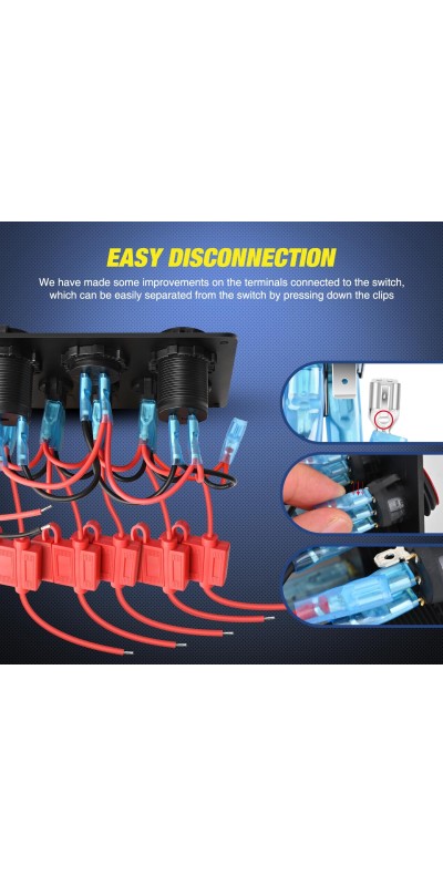 90101E 5Gang Multi-Function 5 Gang Rocker Dual USB Charger + Digital Volmeter +12V Outlet Pre-Wired Switch Panel with Circuit Breakers for RV Car Boat Truck Trailer,2 Years Warranty,Blue