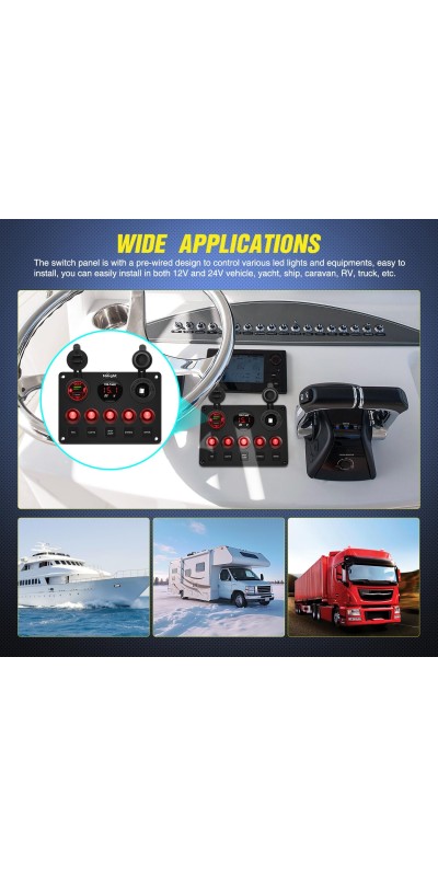 90101E 5Gang Multi-Function 5 Gang Rocker Dual USB Charger + Digital Volmeter +12V Outlet Pre-Wired Switch Panel with Circuit Breakers for RV Car Boat Truck Trailer,2 Years Warranty,Blue