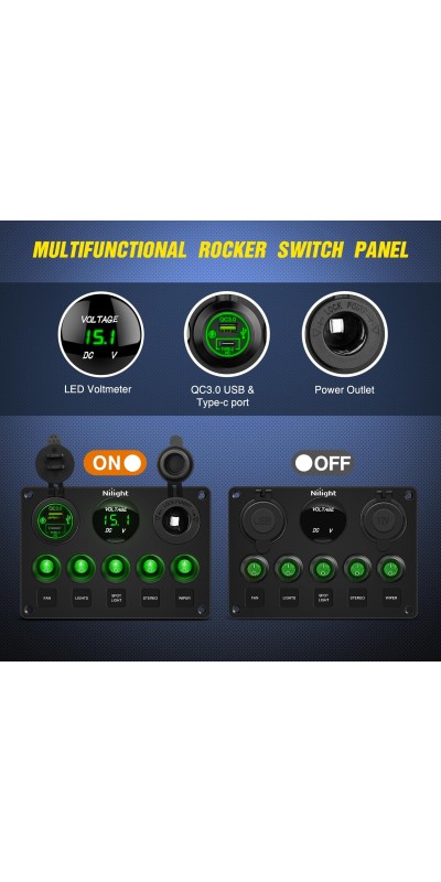 90101E 5Gang Multi-Function 5 Gang Rocker Dual USB Charger + Digital Volmeter +12V Outlet Pre-Wired Switch Panel with Circuit Breakers for RV Car Boat Truck Trailer,2 Years Warranty,Blue