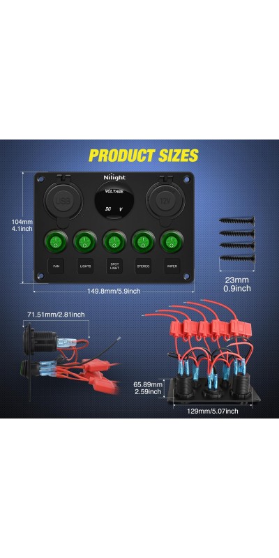 90101E 5Gang Multi-Function 5 Gang Rocker Dual USB Charger + Digital Volmeter +12V Outlet Pre-Wired Switch Panel with Circuit Breakers for RV Car Boat Truck Trailer,2 Years Warranty,Blue