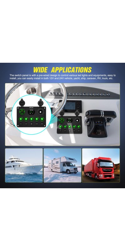 90101E 5Gang Multi-Function 5 Gang Rocker Dual USB Charger + Digital Volmeter +12V Outlet Pre-Wired Switch Panel with Circuit Breakers for RV Car Boat Truck Trailer,2 Years Warranty,Blue