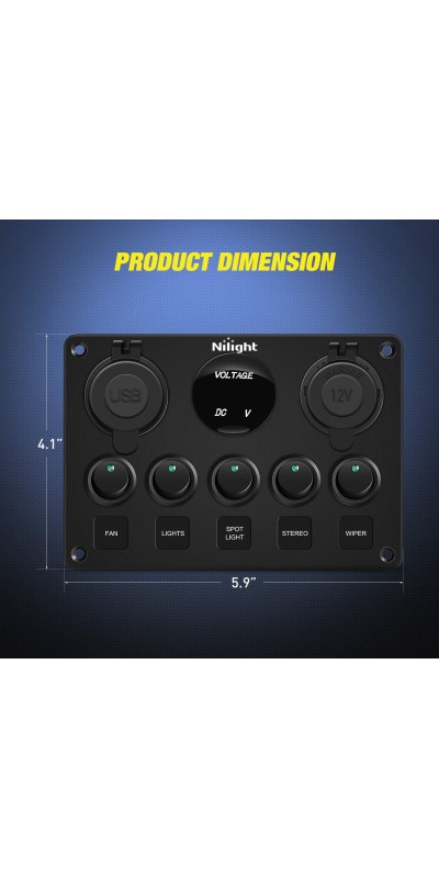 90101E 5Gang Multi-Function 5 Gang Rocker Dual USB Charger + Digital Volmeter +12V Outlet Pre-Wired Switch Panel with Circuit Breakers for RV Car Boat Truck Trailer,2 Years Warranty,Blue