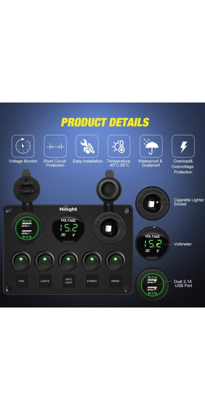 90101E 5Gang Multi-Function 5 Gang Rocker Dual USB Charger + Digital Volmeter +12V Outlet Pre-Wired Switch Panel with Circuit Breakers for RV Car Boat Truck Trailer,2 Years Warranty,Blue