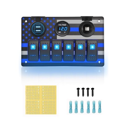 6 Gang Marine Rocker Switch Panel Waterproof Aluminum Switch Panel with American Flag Design, 5 Pin ON-Off Toggle Dual USB Charger Voltmeter Power Socket for Boats Automotive RV(Blue LED)