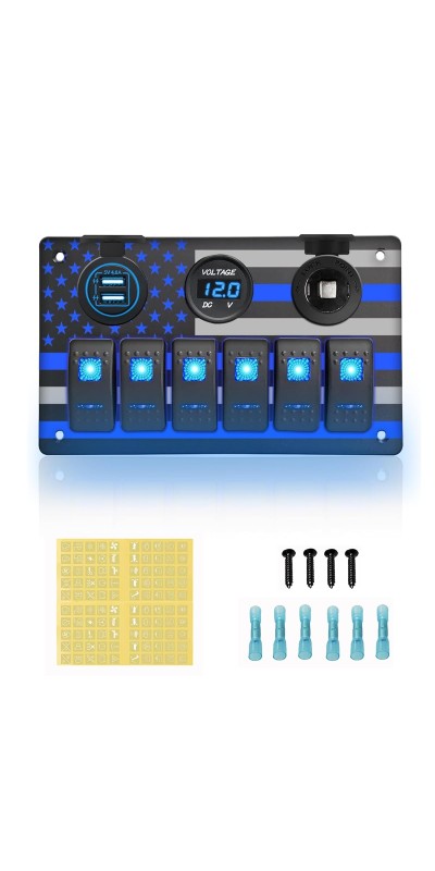6 Gang Marine Rocker Switch Panel Waterproof Aluminum Switch Panel with American Flag Design, 5 Pin ON-Off Toggle Dual USB Charger Voltmeter Power Socket for Boats Automotive RV(Blue LED)