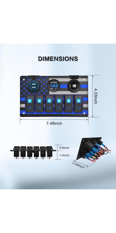6 Gang Marine Rocker Switch Panel Waterproof Aluminum Switch Panel with American Flag Design, 5 Pin ON-Off Toggle Dual USB Charger Voltmeter Power Socket for Boats Automotive RV(Blue LED)