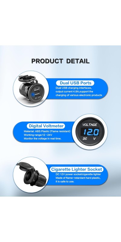 6 Gang Marine Rocker Switch Panel Waterproof Aluminum Switch Panel with American Flag Design, 5 Pin ON-Off Toggle Dual USB Charger Voltmeter Power Socket for Boats Automotive RV(Blue LED)