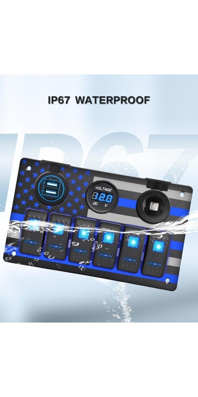 6 Gang Marine Rocker Switch Panel Waterproof Aluminum Switch Panel with American Flag Design, 5 Pin ON-Off Toggle Dual USB Charger Voltmeter Power Socket for Boats Automotive RV(Blue LED)