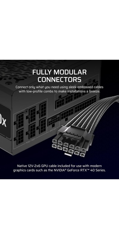 RM1000x Fully Modular Low-Noise ATX Power Supply – ATX 3.1 Compliant – PCIe 5.1 Support – Cybenetics Gold Efficiency – Native 12V-2x6 Connector – Black