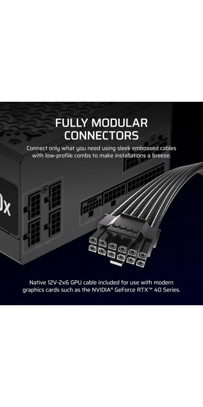 RM1000x Fully Modular Low-Noise ATX Power Supply – ATX 3.1 Compliant – PCIe 5.1 Support – Cybenetics Gold Efficiency – Native 12V-2x6 Connector – Black