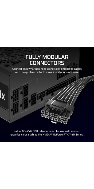 RM1000x Fully Modular Low-Noise ATX Power Supply – ATX 3.1 Compliant – PCIe 5.1 Support – Cybenetics Gold Efficiency – Native 12V-2x6 Connector – Black