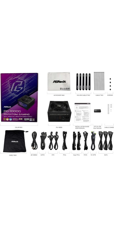 PG 1600G ATX 3.1 1600W Power Supply PCle5.1 10 Years Warranty Fully Modular Japanese Capacitor Phantom Gaming PG-1600G 80 Plus Gold Cybenetics Platinum 12V-2x6 Cables