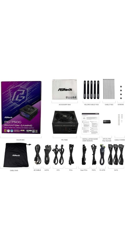 PG 1600G ATX 3.1 1600W Power Supply PCle5.1 10 Years Warranty Fully Modular Japanese Capacitor Phantom Gaming PG-1600G 80 Plus Gold Cybenetics Platinum 12V-2x6 Cables