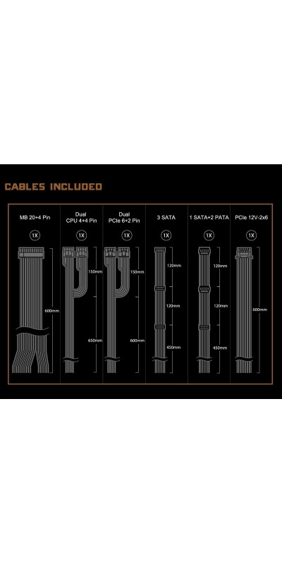PG 1600G ATX 3.1 1600W Power Supply PCle5.1 10 Years Warranty Fully Modular Japanese Capacitor Phantom Gaming PG-1600G 80 Plus Gold Cybenetics Platinum 12V-2x6 Cables