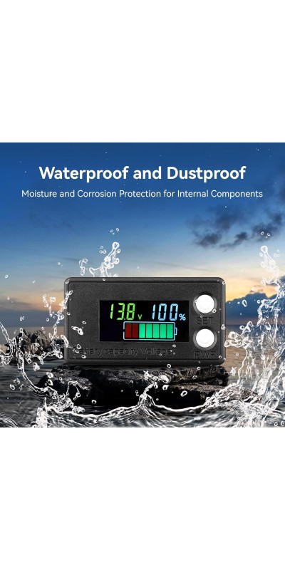 Waterproof Battery Monitor 12V 24V 36V 48V 72V Battery Meter 8-100V, Battery Capacity Tester LCD Display Color Screen Backlight, Fit for Car Golf Cart RV Marine