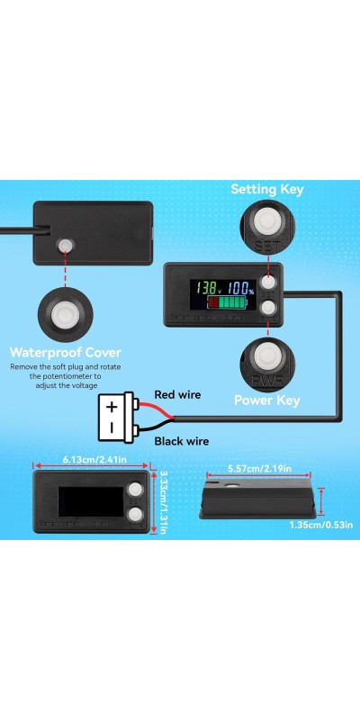 Waterproof Battery Monitor 12V 24V 36V 48V 72V Battery Meter 8-100V, Battery Capacity Tester LCD Display Color Screen Backlight, Fit for Car Golf Cart RV Marine