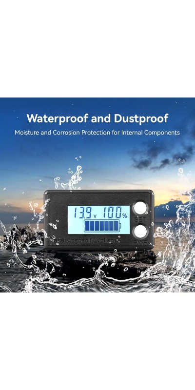 Waterproof Battery Monitor 12V 24V 36V 48V 72V Battery Meter 8-100V, Battery Capacity Tester LCD Display Color Screen Backlight, Fit for Car Golf Cart RV Marine