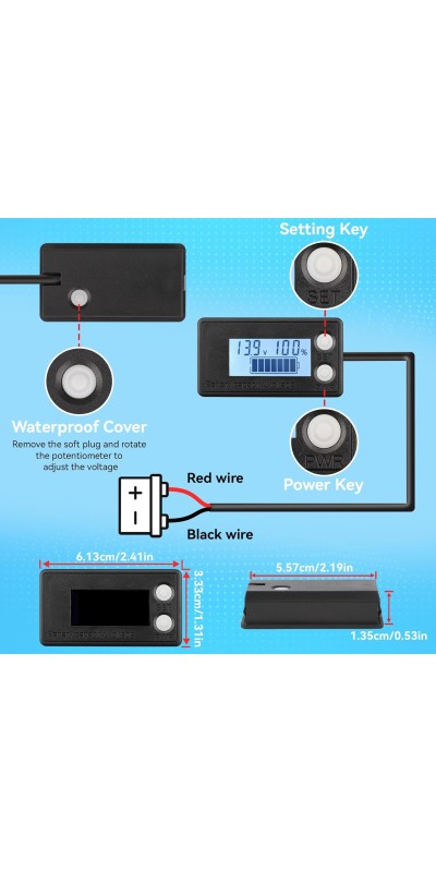Waterproof Battery Monitor 12V 24V 36V 48V 72V Battery Meter 8-100V, Battery Capacity Tester LCD Display Color Screen Backlight, Fit for Car Golf Cart RV Marine
