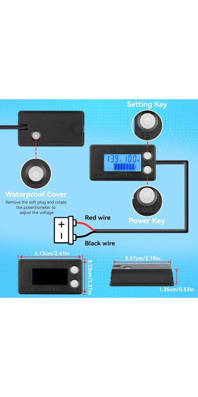 Waterproof Battery Monitor 12V 24V 36V 48V 72V Battery Meter 8-100V, Battery Capacity Tester LCD Display Color Screen Backlight, Fit for Car Golf Cart RV Marine
