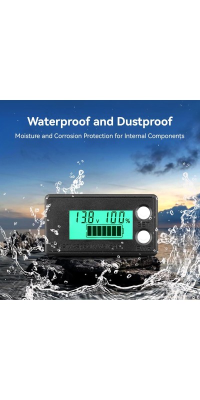 Waterproof Battery Monitor 12V 24V 36V 48V 72V Battery Meter 8-100V, Battery Capacity Tester LCD Display Color Screen Backlight, Fit for Car Golf Cart RV Marine