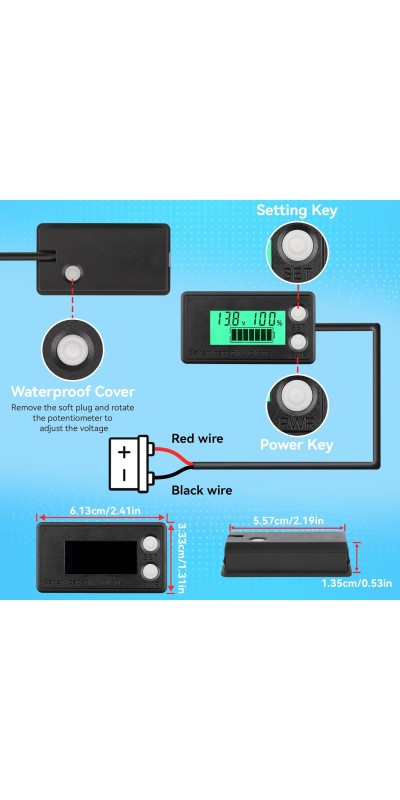 Waterproof Battery Monitor 12V 24V 36V 48V 72V Battery Meter 8-100V, Battery Capacity Tester LCD Display Color Screen Backlight, Fit for Car Golf Cart RV Marine