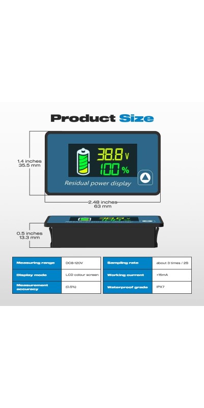IP67 Waterproof Battery Monitor 12V 24V 36V 48V 60V 72V 84V with Backlight LCD and Low-Voltage Alarm use Lithium LiFePO4 Lead Acid Batteries for Car Motorcycle Golf Cart Battery Meter