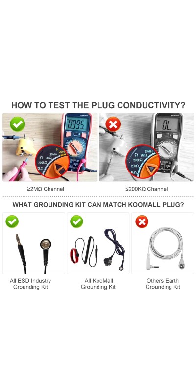 2 in 1, KooMall Anti-Allergic ESD Wrist Straps (Red) & Grounding Plug, Easy to Ground by Outlet Socket for Static Control, Anti Static Silicon Bracelet Wristband Earth Bonding Plug for Rubber Mat