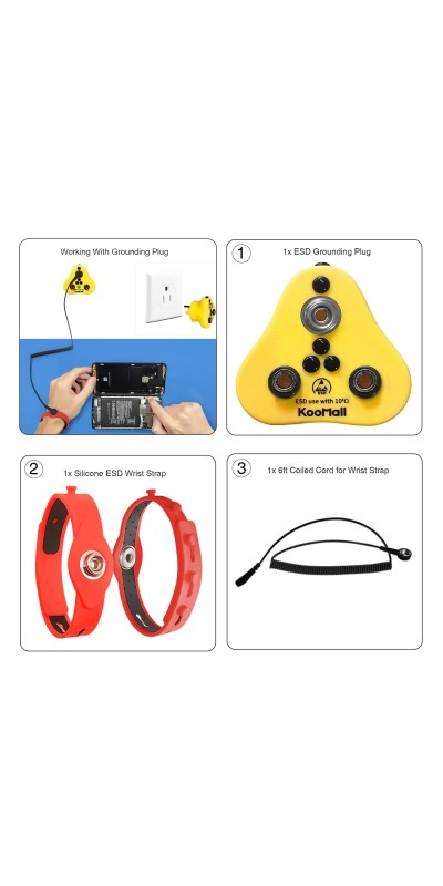2 in 1, KooMall Anti-Allergic ESD Wrist Straps (Red) & Grounding Plug, Easy to Ground by Outlet Socket for Static Control, Anti Static Silicon Bracelet Wristband Earth Bonding Plug for Rubber Mat