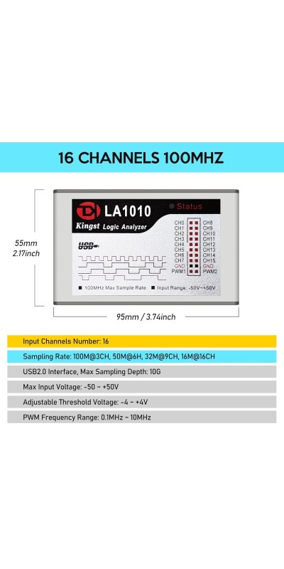 LA1010 USB Logic Analyzer 16 Input Channels 100MHz with The English PC Software Handheld Instrument,Support Windows (32bit/64bit),Mac OS,Linux