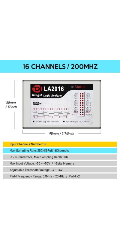 LA1010 USB Logic Analyzer 16 Input Channels 100MHz with The English PC Software Handheld Instrument,Support Windows (32bit/64bit),Mac OS,Linux